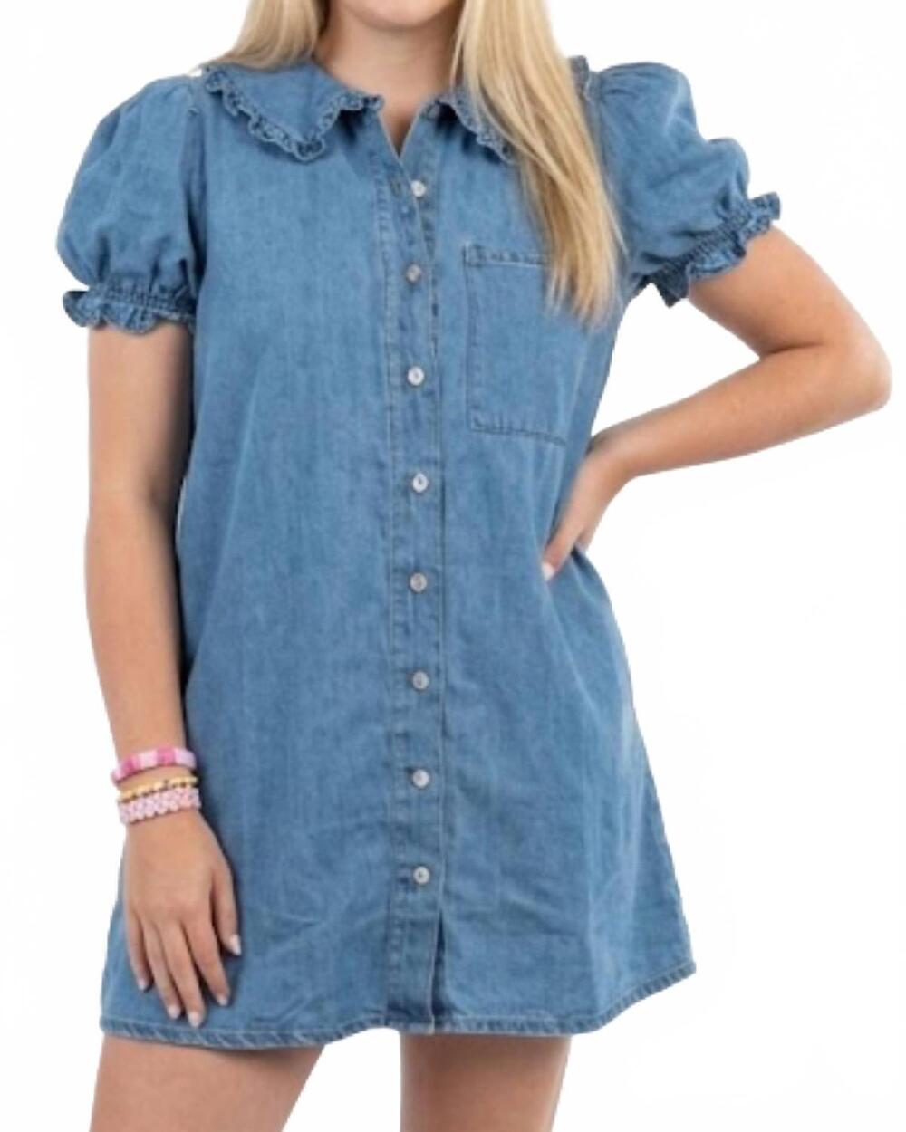NEW MABLE coquette denim puff sleeve mini dress in blue
